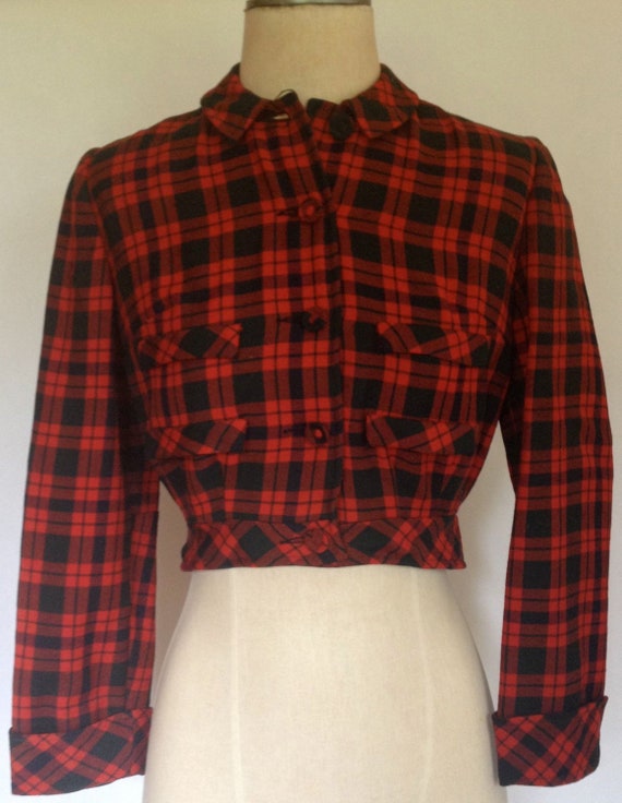 1950's Cropped Red & Black Plaid Wool Button Down