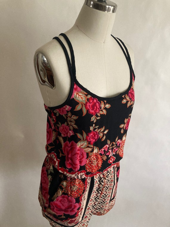 1990s/90s Rayon Floral Spaghetti Strap Summer Rom… - image 3