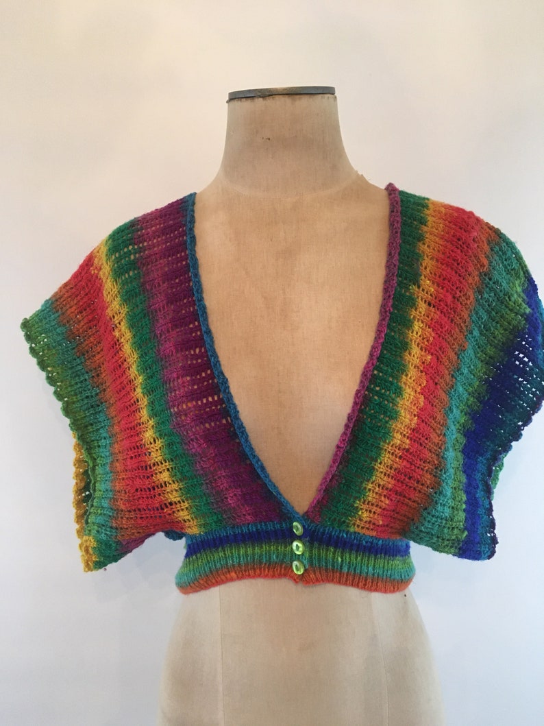 1970/'s Woodstock Hand Knit Cropped Rainbow TopSweater Vest BohoHippie