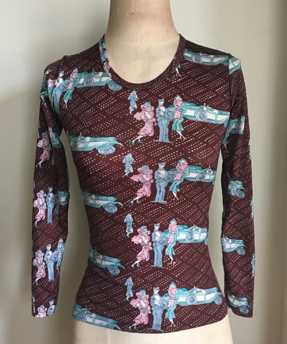 Vintage 70s 'great Gatsby' Novelty Print Huckapoo Style Crew Neck