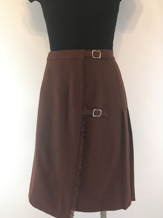 1970's Rust Wool Kilt Style Wrap Skirt with Metal