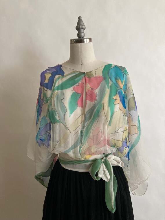 1980s/80s Custom Made Han Painted Floral Silk Chi… - image 3