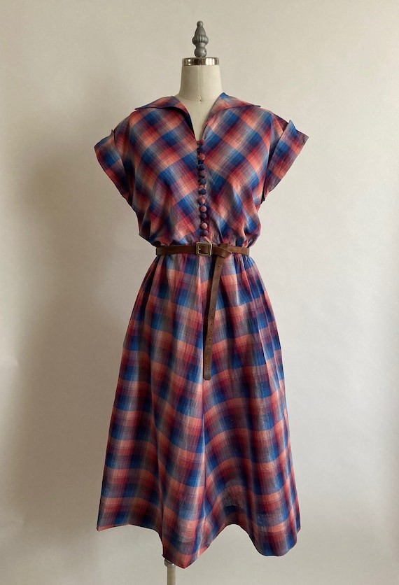 1940s Youthful Mother Plaid Cotton Maternity Dress