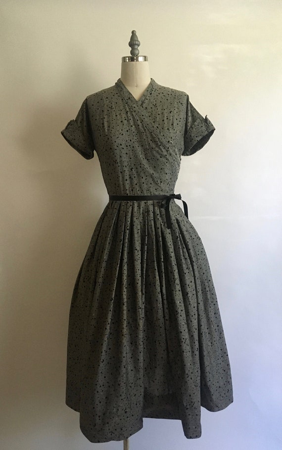 50s Faux Wrap Grey Cotton Dress with Flecks of Bla