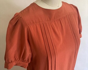1970s Maggie of London Copper Silk Front Pleated Mini Dress