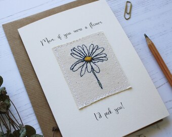 Daisy Mother's day card, miss you mum mother's day card, embroidery daisy flower mum card, card for mum, card for grandma