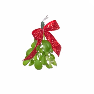 May include: A sprig of mistletoe with green leaves and a red glittery bow.