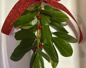 Fresh American Holly Bundle – Red Berries & Bow, Holiday Greenery
