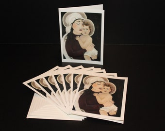 May include: A set of eight blank greeting cards featuring a painting of a woman holding a child. The woman is wearing a white head covering and a dark brown robe. The child is wearing a white garment. The painting is on a black background.