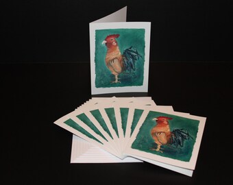 Cards - Rhode Island Red Rooster - Pack of 8 with Envelopes, Story Insert, and Plastic Sleeve