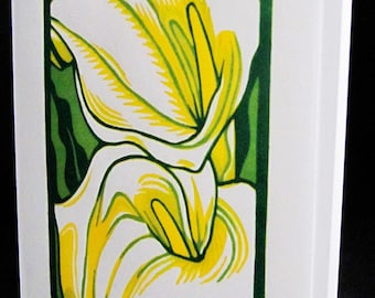 Hand pulled, woodblock printed greeting card, 'Calla'.