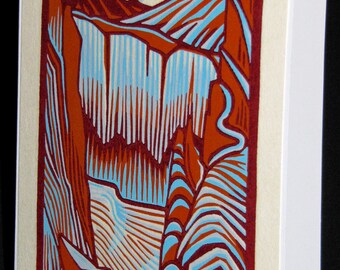 Hand pulled, woodblock printed greeting card, 'Canyon'.