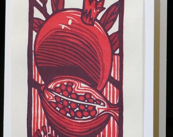 Hand pulled, woodblock printed greeting card, 'Pomegranate'.