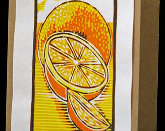 Hand pulled, woodblock printed greeting card, 'Orange'.