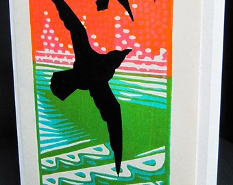 Hand pulled, woodblock printed greeting card, 'Flight'.