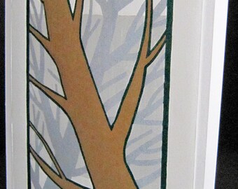 Hand pulled, woodblock printed greeting card, 'Trees'.