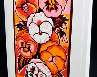 Hand pulled, woodblock printed greeting card, 'Pansies'.