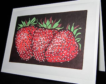 Hand pulled, woodblock printed greeting card, 'Strawberries'.