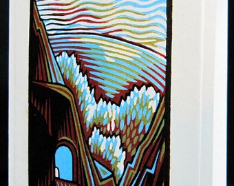 Hand pulled, woodblock printed greeting card, 'Tunnel'.