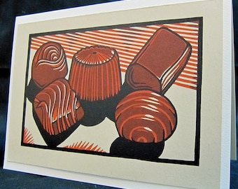 Hand pulled, woodblock printed greeting card, 'Chocolate'.