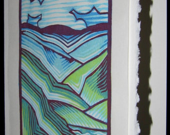 Hand pulled, woodblock printed greeting card, 'Valley'.