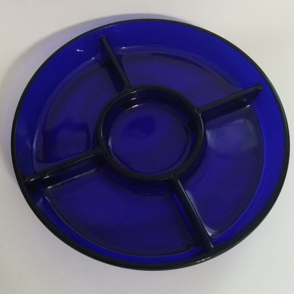REDUCED NIB, Crystal, Godinger Cobalt Blue Crystal 5 Section Serving Dish with Silver Plated Rack,French Crystal, Dip Dish, Snack tray