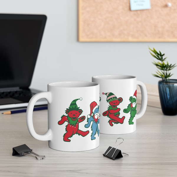 Dancing Holiday Bears Mug 11oz led by a pirate bear personalizable your name added on for free