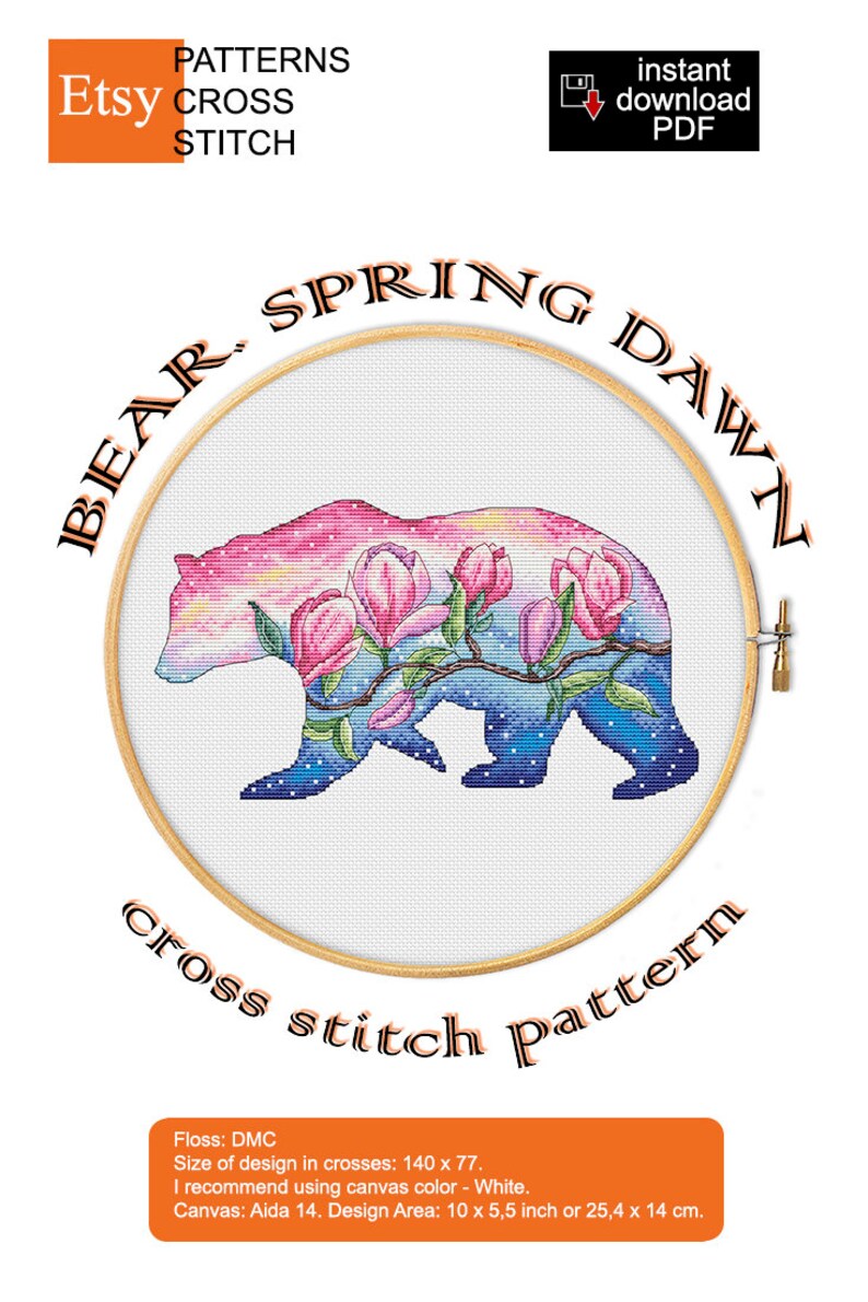 Spring dawn spring summer aurora Bear animal silhouette cross stitch pattern -Magnolia embroidery