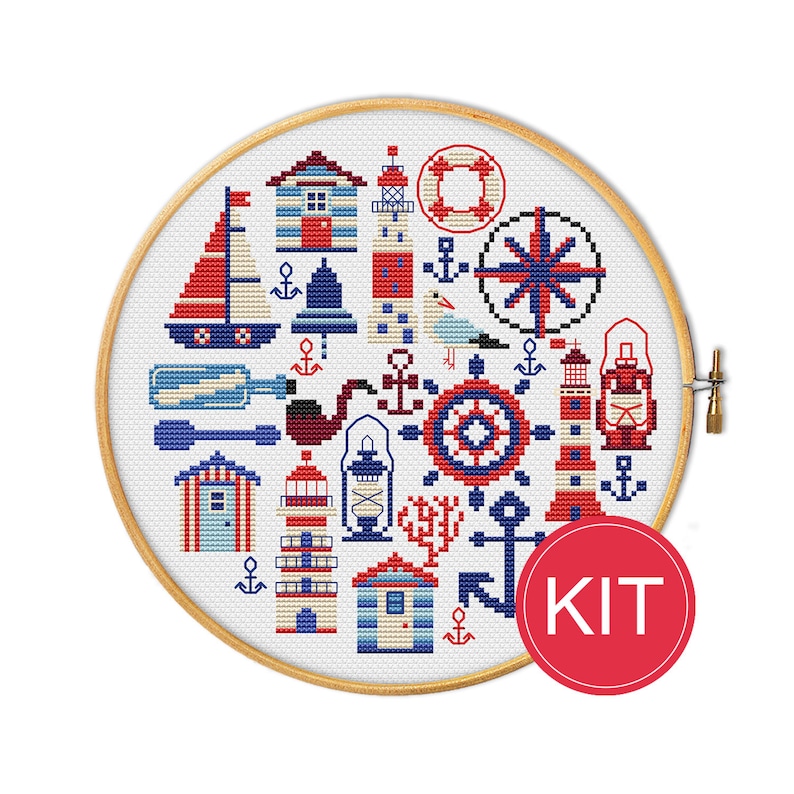 cross stitch pattern KIT Marine sampler round lifebuoy rose wind captain/'s pipe bell lighthouse seagull steering sea lantern coral
