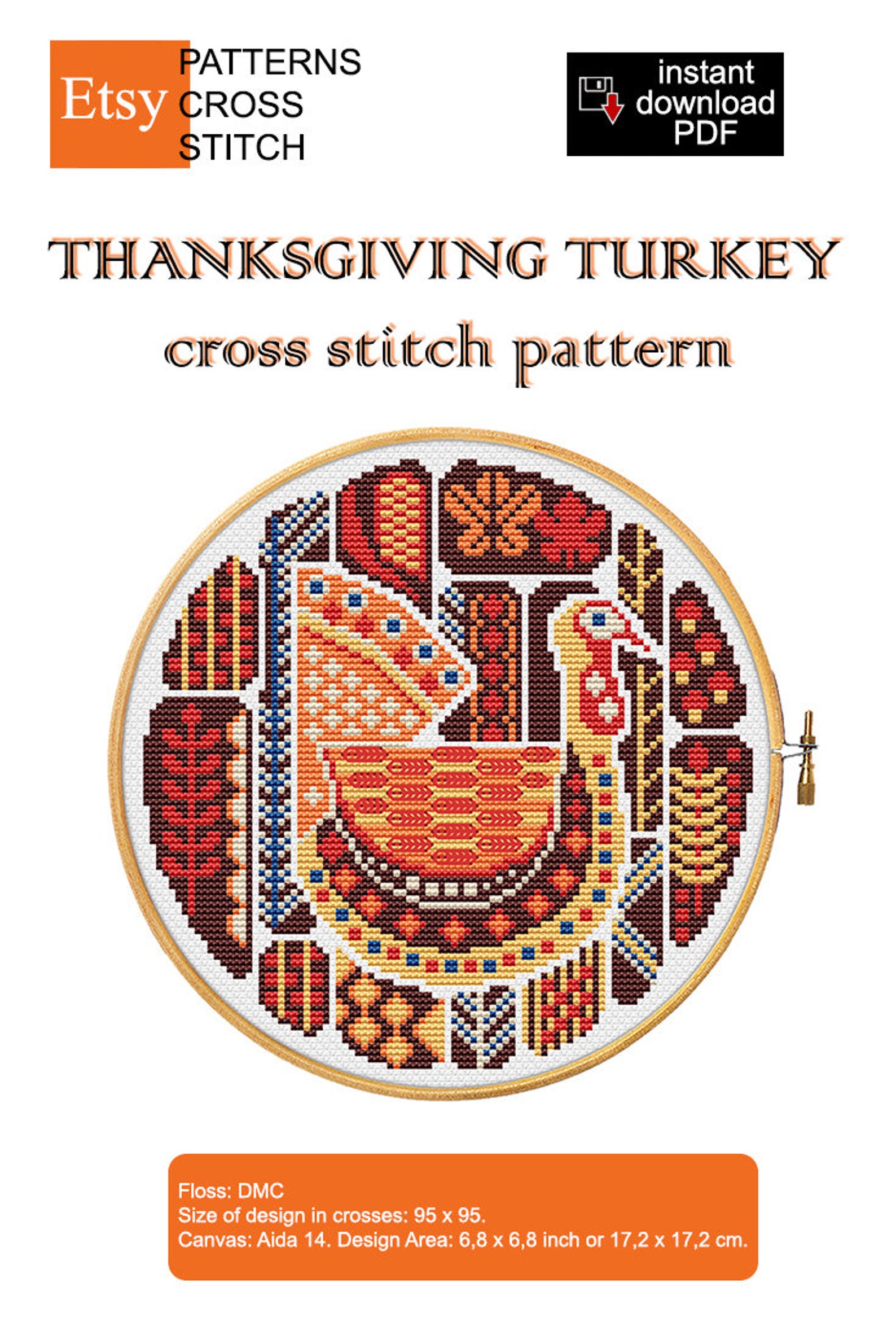 Thanksgiving turkey cross stitch pattern folk art modern Etsy
