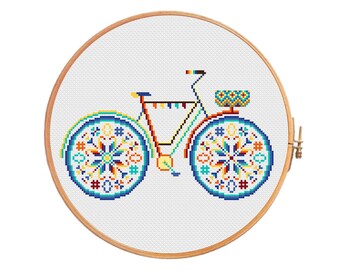 Summer bike with basket in bright colors - modern cross stitch pattern - geometric chevron bicycle modern shabby chic funny cute french blue
