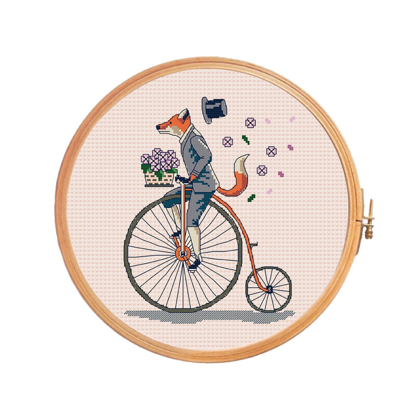 Fox on bicycle rides with speed loses his hat basket of Etsy
