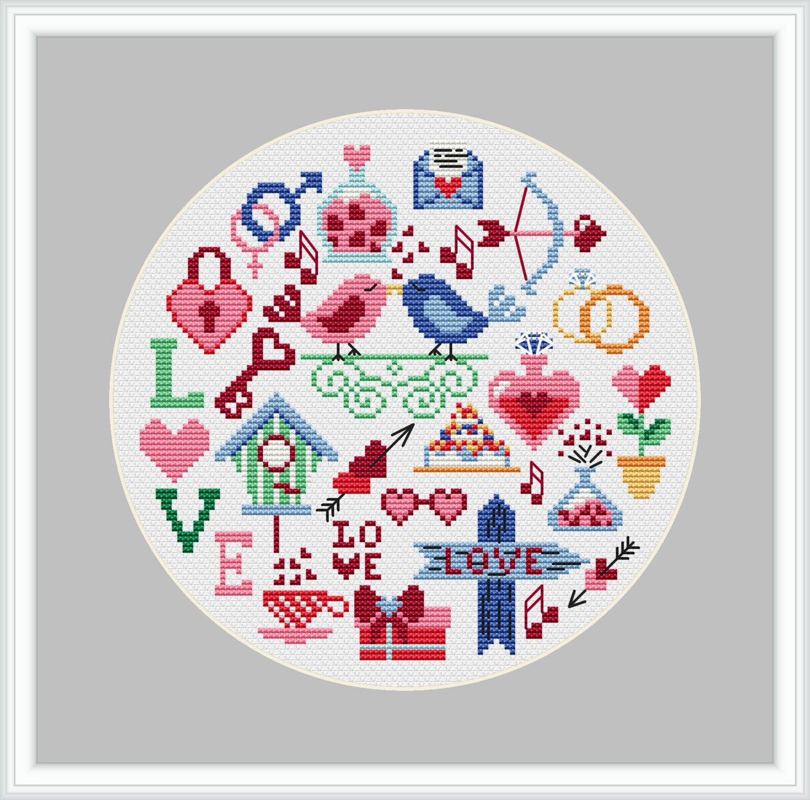 Round sampler Valentine for cross stitch pattern symbols of | Etsy
