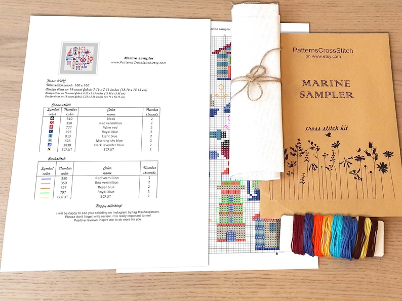 cross stitch pattern KIT Marine sampler round lifebuoy rose wind captain/'s pipe bell lighthouse seagull steering sea lantern coral