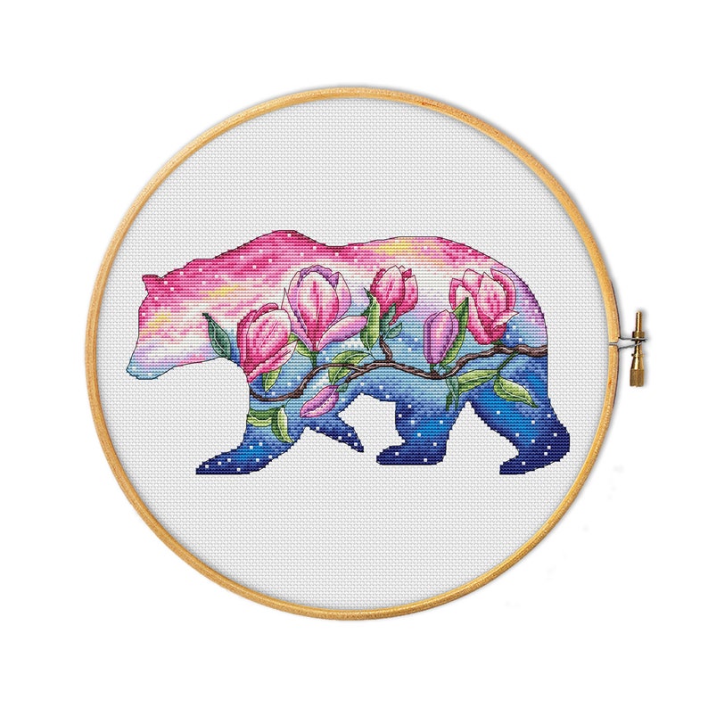 Spring dawn spring summer aurora Bear animal silhouette cross stitch pattern -Magnolia embroidery