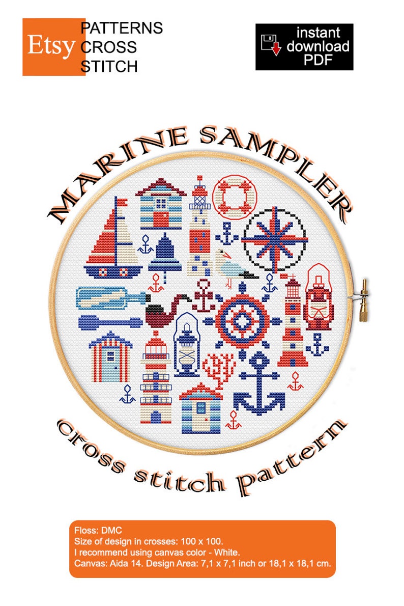 cross stitch pattern KIT Marine sampler round lifebuoy rose wind captain/'s pipe bell lighthouse seagull steering sea lantern coral