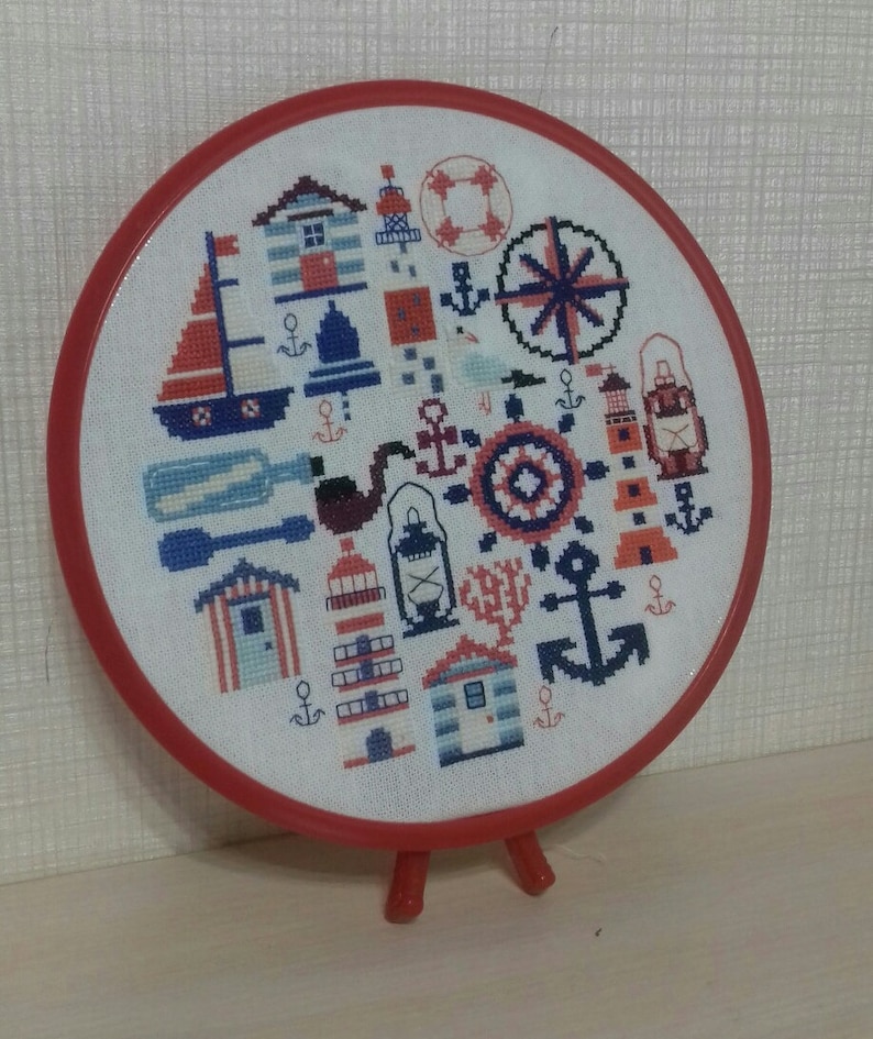 cross stitch pattern KIT Marine sampler round lifebuoy rose wind captain/'s pipe bell lighthouse seagull steering sea lantern coral