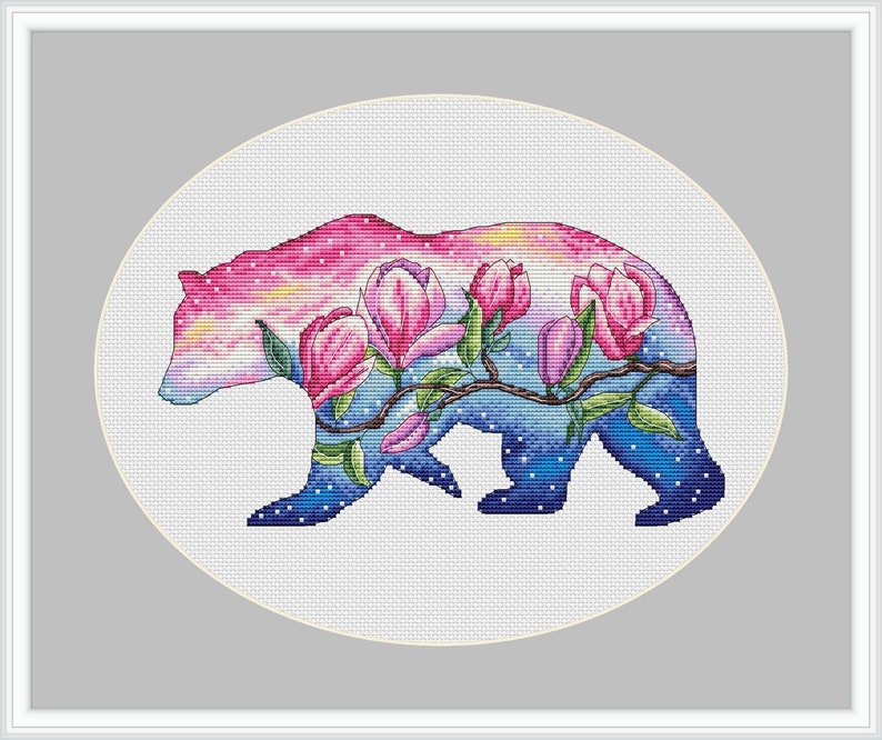 Spring dawn spring summer aurora Bear animal silhouette cross stitch pattern -Magnolia embroidery