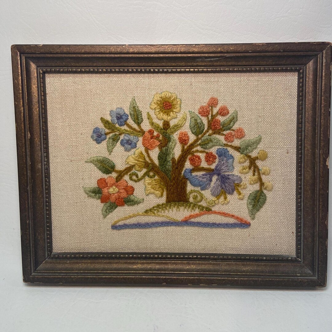 Vintage Crewel Embroidery Art With a Floral Tree Design - Etsy