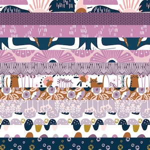 May include: A collection of 10 fabric strips featuring a variety of patterns, including floral, geometric, and animal prints. The strips are in shades of pink, purple, brown, white, and blue.