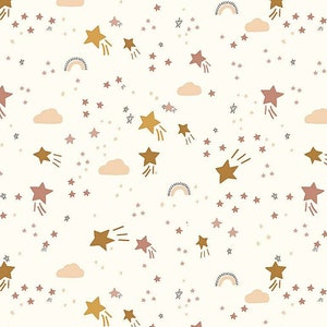May include: A seamless pattern featuring shooting stars, clouds, and rainbows in shades of brown, pink, and white on a white background.