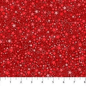 Peut inclure: Tissu rouge avec un motif répétitif d'étoiles blanches et de petites formes géométriques rouges et blanches.