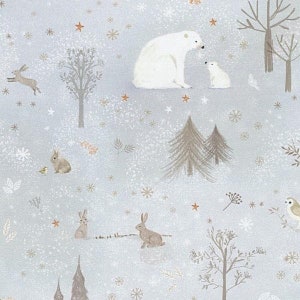 May include: A light blue winter-themed illustration featuring a polar bear with a cub, rabbits, birds, trees, and snowflakes. The design has a whimsical, storybook feel with soft colors and a snowy landscape. The artwork is detailed and suitable for children's decor.