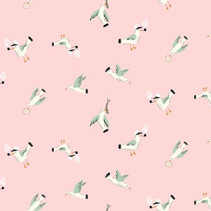 Peut inclure: Un motif sans couture représentant des mouettes sur un fond rose. Les mouettes sont représentées dans différentes poses, notamment en train de voler, de tenir un poisson et de fumer la pipe. Certaines mouettes portent un chapeau de capitaine.