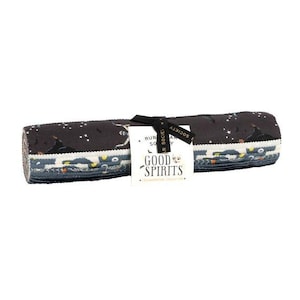 May include: A rolled bundle of fabric strips featuring a dark background with white star and ghost patterns. A white paper label is wrapped around the centre, printed with the text "RUBY STAR SOCIETY" and "GOOD SPIRITS COLLABORATIVE COLLECTION".