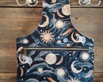 Medium knitting bag with zipper pocket and slip pocket. Simple project wristlet bag with pocket. Handmade astronomy star print.