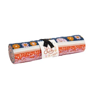 May include: A jelly roll fabric bundle featuring a variety of cotton strips with floral and geometric patterns in shades of navy blue, orange, pink, and white. A white paper band with the text Lil by Kimberly Kight is wrapped around the center.