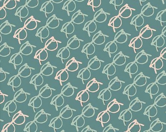 May include: A teal background with a repeating pattern of eyeglasses in light pink and teal. The glasses are drawn with a simple, sketched style, creating a playful and artistic design. This pattern is suitable for fabric, wallpaper, or stationery.