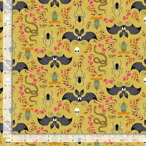 May include: A yellow fabric with a repeating pattern of bats, spiders, snakes, frogs, and skulls. The pattern is set against a yellow background with brown vines and pink flowers.