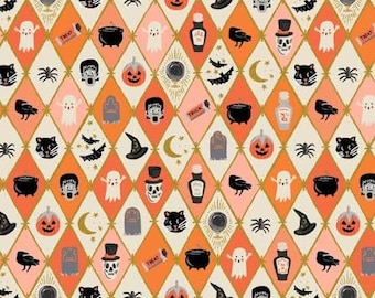 Halloween II - Rifle Paper co - Cotton + Steel - Argyle in Orange and Metallic Gold - Halloween Themed Quilting Cotton Fabric